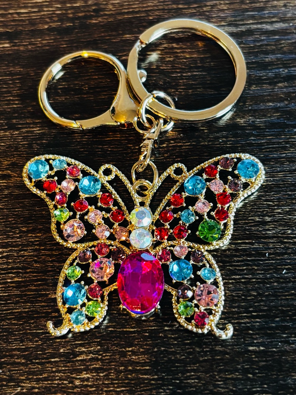 Multicolor Jeweled Crystal Rhinestone Butterfly Keychain - Gold Tone